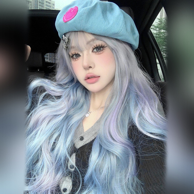 taobao agent 小鱼苗lolita长卷发大波浪蓝紫灰挑染渐变彩色彩虹洛丽塔全头套