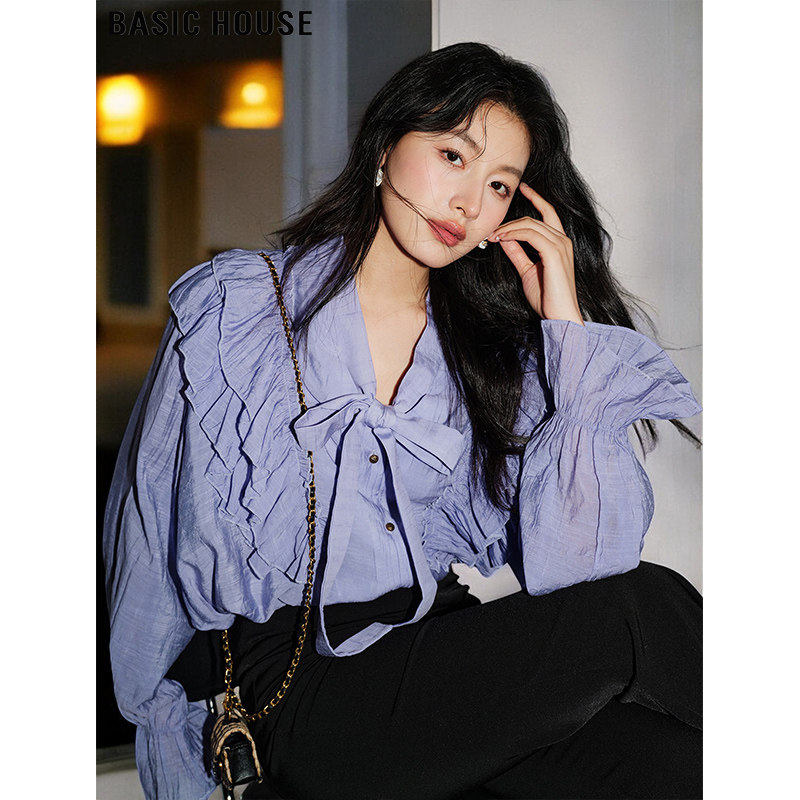 Basic House/Baijiahao Purple Ruffled Shirt Women's 2026 Summer French Puff Sleeve Base Top