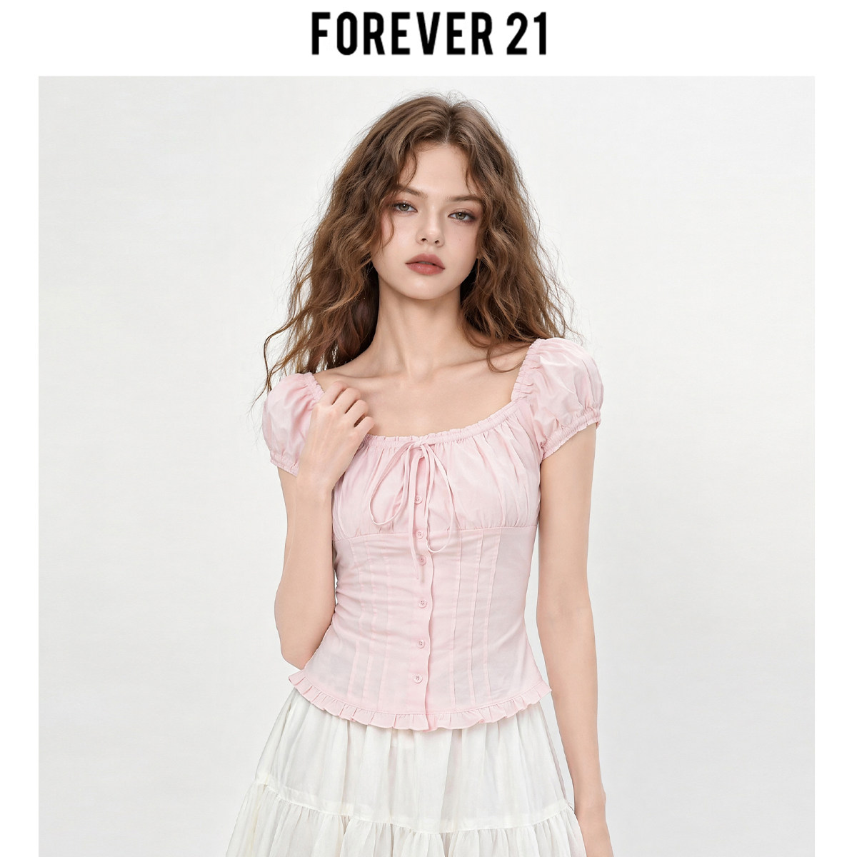 Forever 21 French sweet puff sleeve bow square neck pink summer blouse for women.