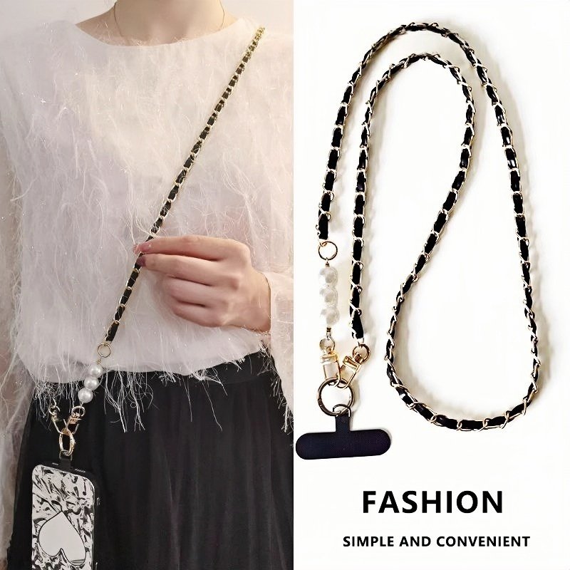 High-end mobile phone lanyard, crossbody long chain, pearl leather card mobile phone chain, metal back chain, universal bag chain