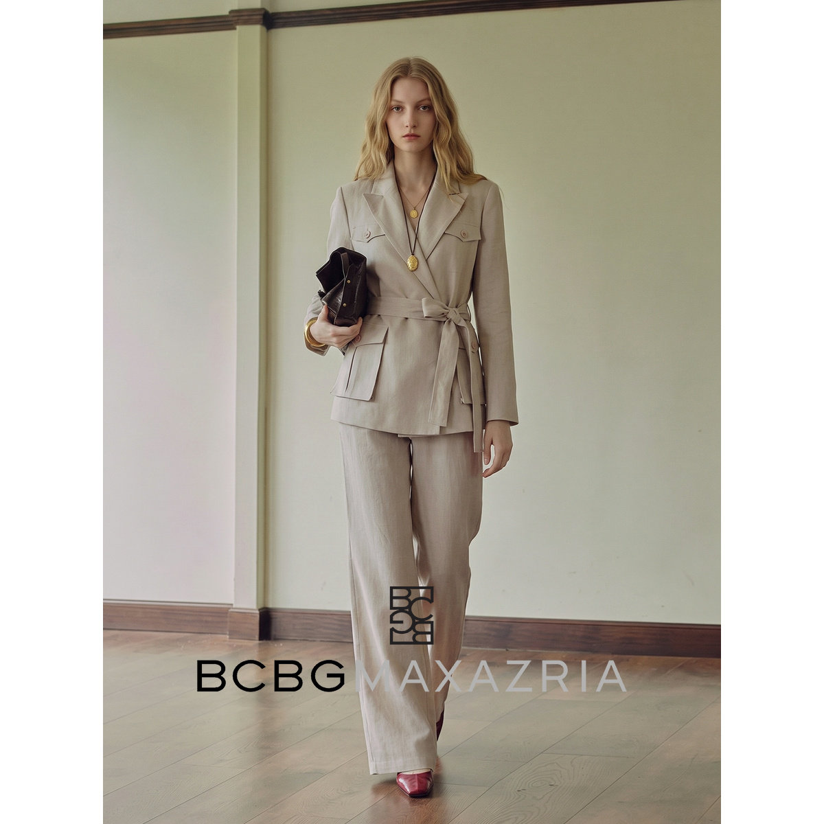 BCBGMAXAZRIA светлый льняной костюм из тенсела цвета хаки на шнуровке, пиджак, брюки, женский осенний костюм-двойка