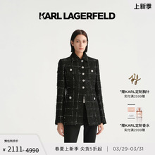 KARL LAGERFELD Spring Mid length Four Pocket Contrast Plaid Tweed Coat, Old Buddha