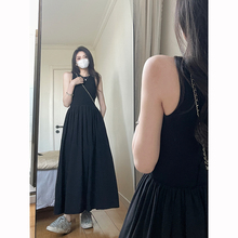 French Tea Break Black Sleeveless Dress for Children's 2023 Summer New Hepburn Style Waist Waist Tank Top with Hanging Strap Long Dress