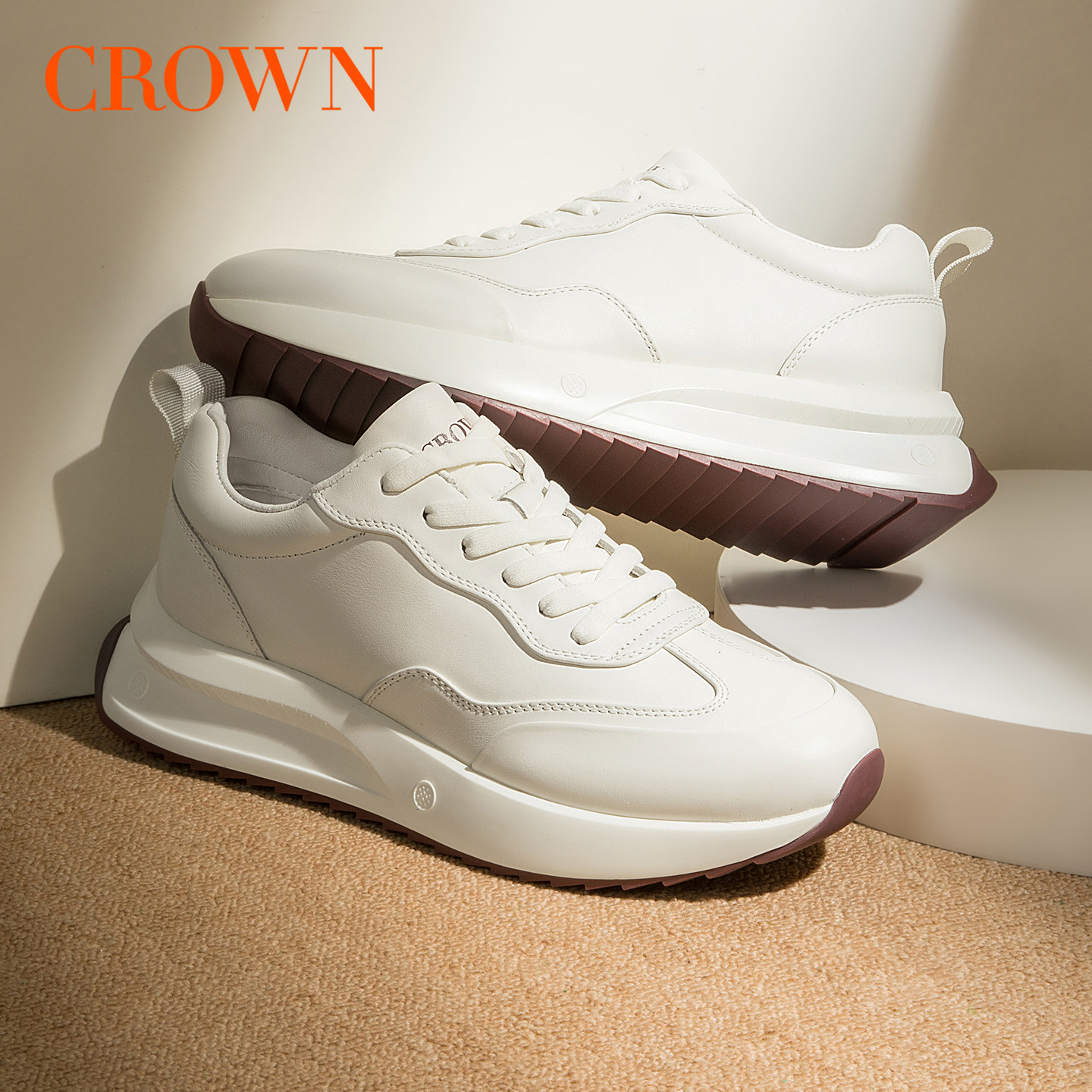 Белые туфли crown из натуральной кожи на толстой подошве, подчеркивающие фигуру, мужская повседневная обувь для пригородных прогулок, кожаная обувь на красной подошве