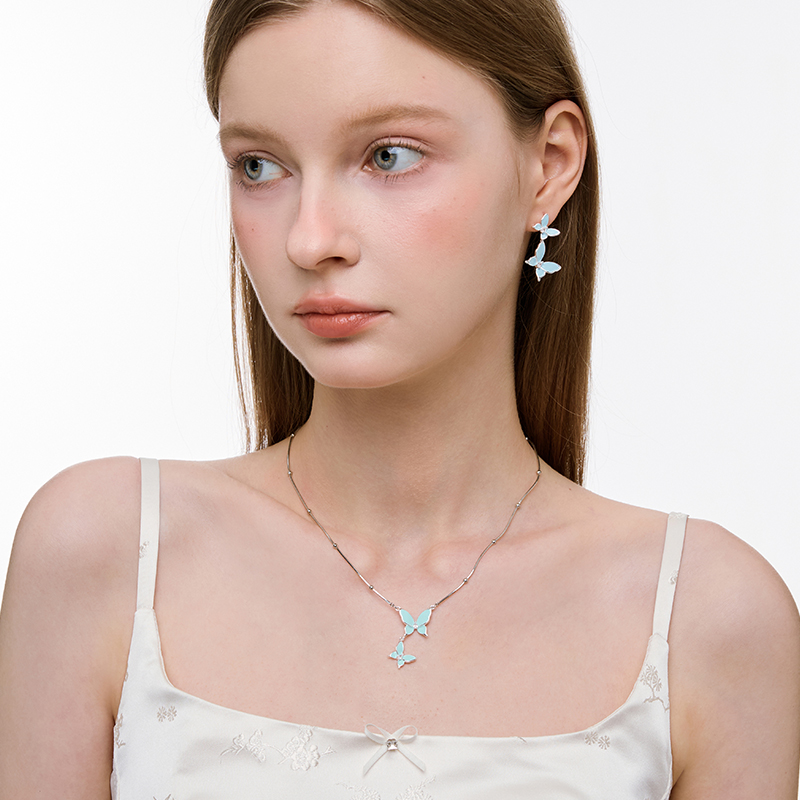 Серьги-бабочки BULUBULU Mint Ice Blue Twin Butterfly Ear Clips Легкие роскошные серьги нишевого дизайна, женские аксессуары