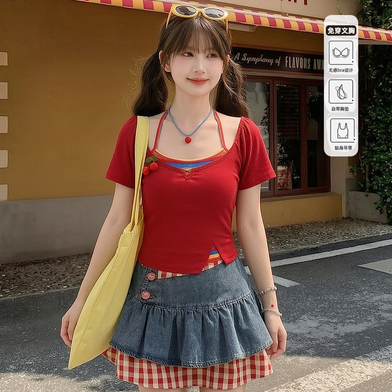 Forest girl tribe sweet slim fit with chest cushion suspender short sleeved t-shirt for women summer red dopamine top style