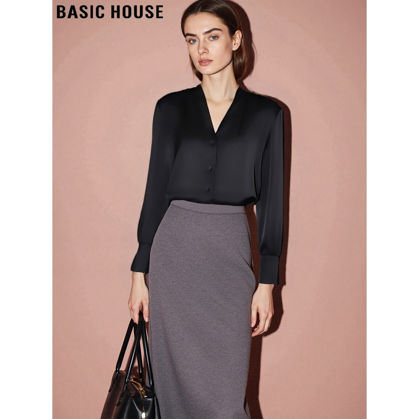 Basic House/百家好高智 Black Satin Shirt for Women, 2026 Autumn New French Layered Shirt