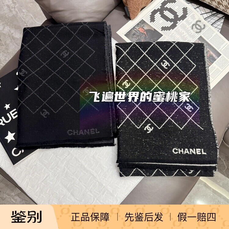 [Спот] Chanel/Chanel 26 взрывной черно-серый шерстяной шарф с буквой double C и полным логотипом в виде ромба, шаль