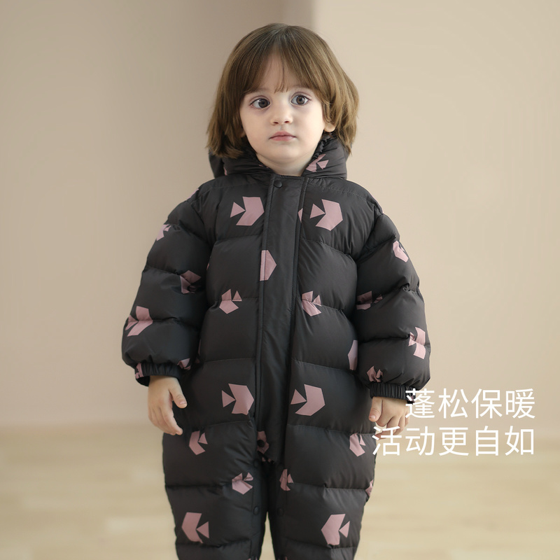 Детский пуховик, цельная зимняя утепленная одежда на белом утином пуху для прогулок, очень милая детская зимняя одежда с капюшоном