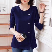 Spring long sleeved T-shirt for women, loose fitting large round neck black top, 2024 new fashionable foreign gas T-shirt, casual