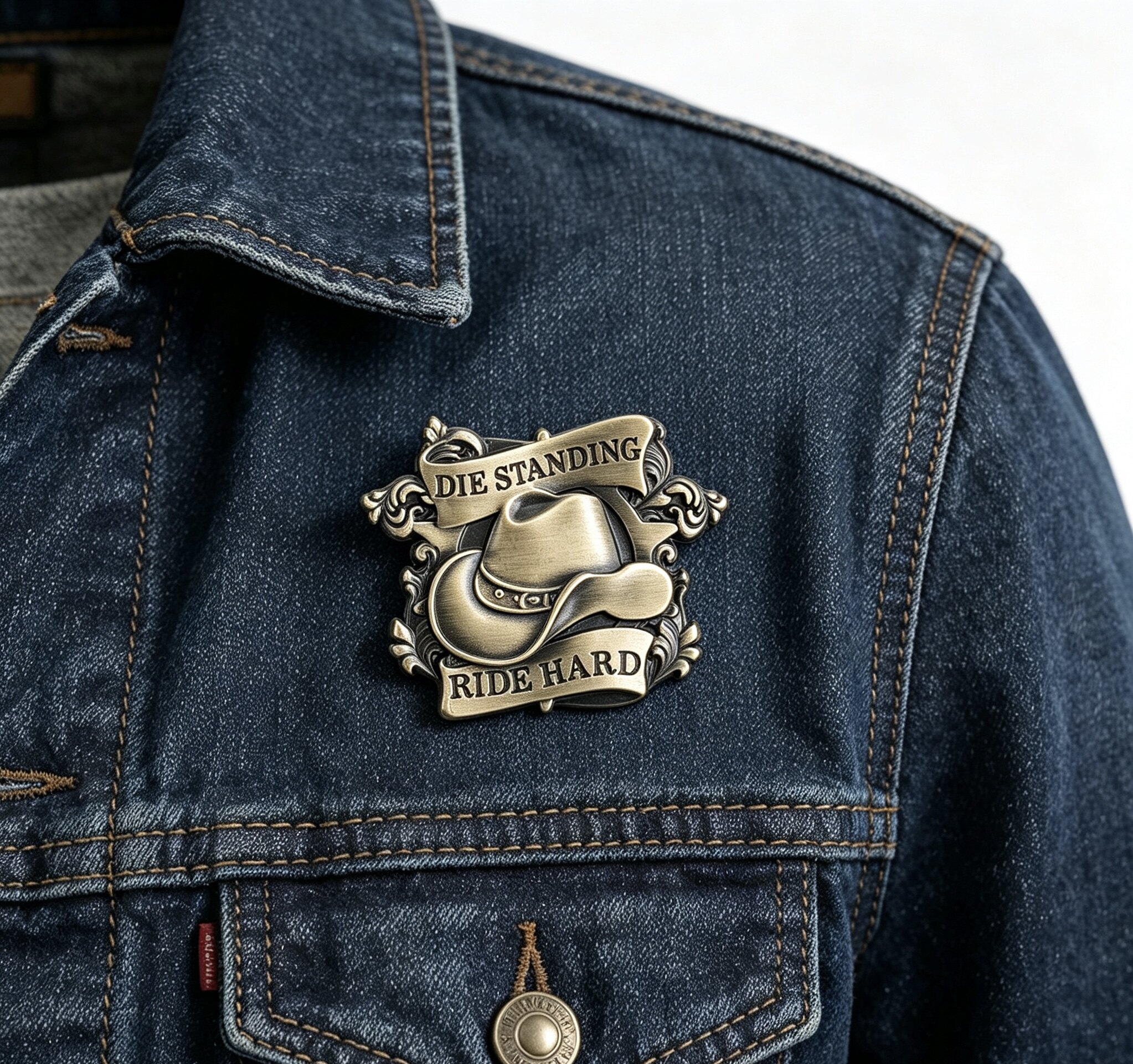 Vintage Western cowboy metal 3D brooch badge, suitable for denim jackets, leather jackets, and backpack accessories.