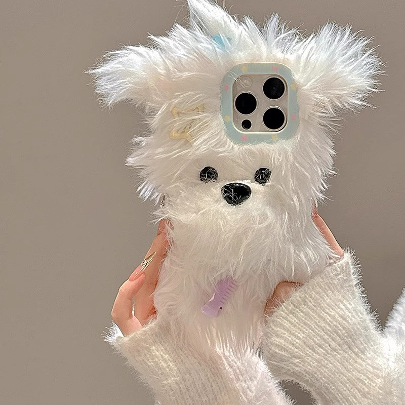 Cute plush hair clip with puppy design, suitable for Apple iPhone 16 Pro Max phone case, new style 15 cartoon plush 13 girly 15 Pro Korean style 14 Pro fun 12 all-inclusive.