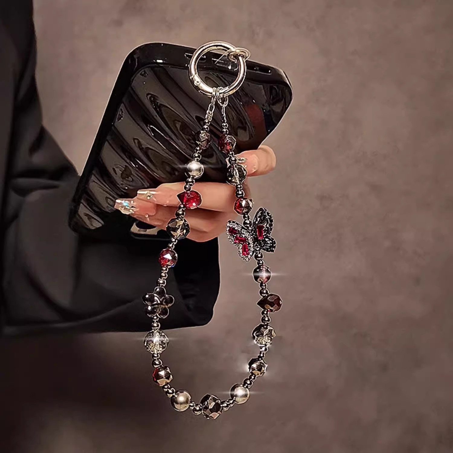 Original alloy dark-style butterfly phone chain, luxury crystal bead phone lanyard, handbag chain, pendant, wristband