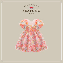 British Seafun Children's Wear Girls' Summer Dress 2024 New 3D Flower Children's Princess Dress