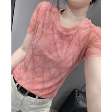 Heavy Industry Hot Rolled Diamond Round Neck Short sleeved T-shirt for Women