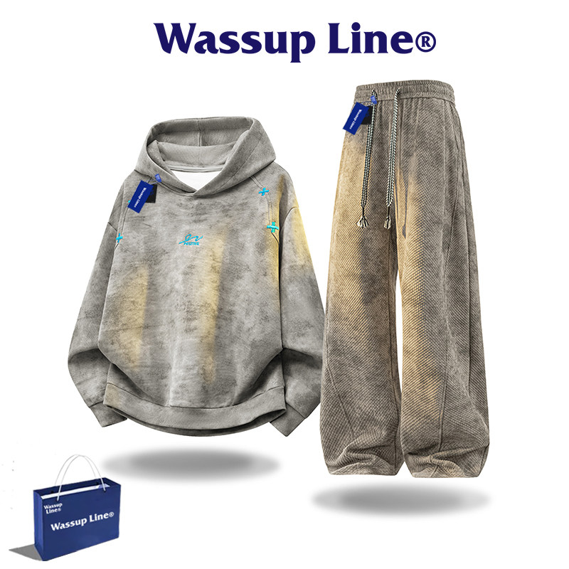 Бренд WASSUP Line tide, осенне-зимний вязаный свитер с капюшоном и вышивкой, мужские осенние брюки с длинными рукавами, спортивный костюм
