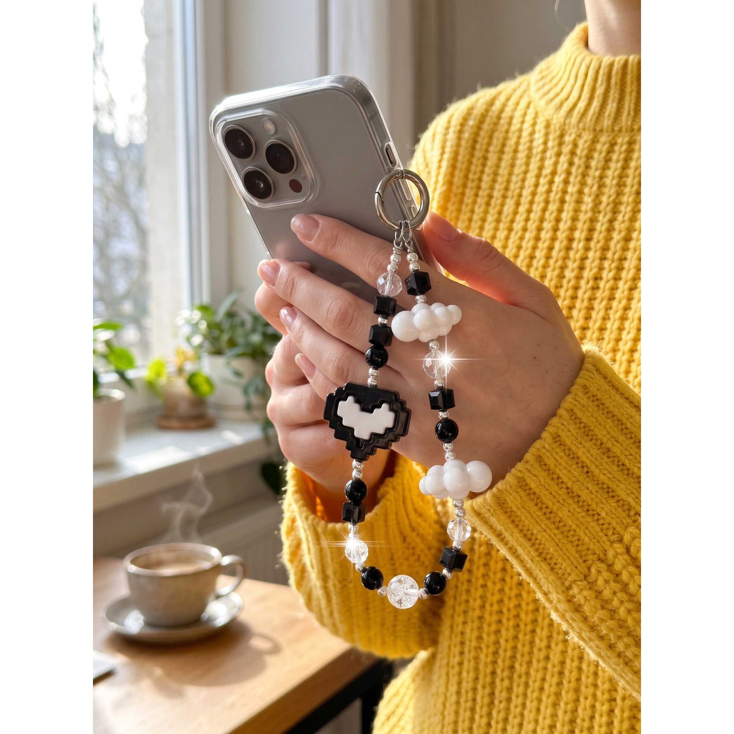 Original design pixel heart decorative phone charm, black and white color scheme, pendant bag...
