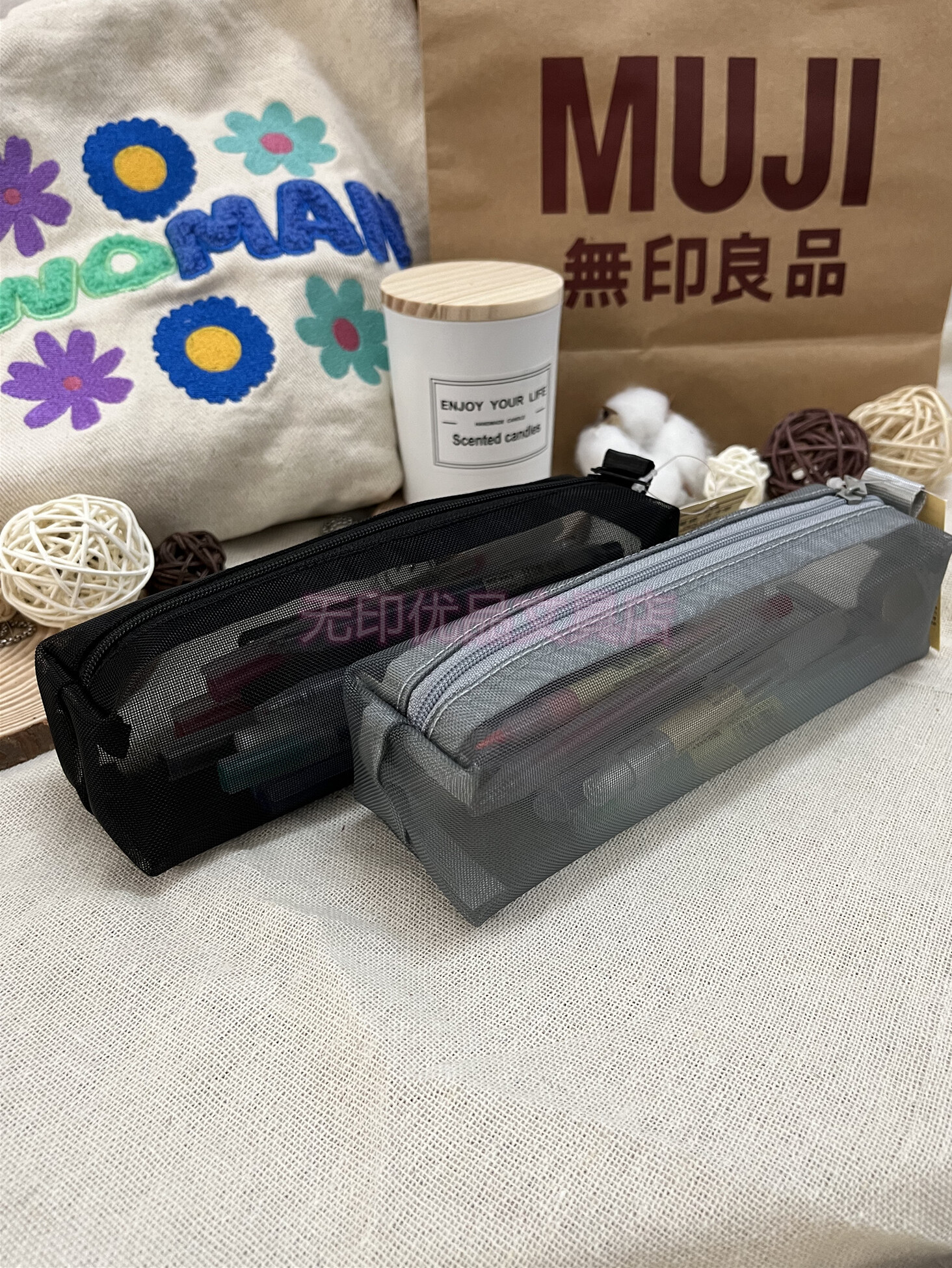 Бесплатная доставка MUJI нейлон MUJI канцелярская сумка из прозрачной сетки для студентов-экзаменаторов черный пенал женский ins простой