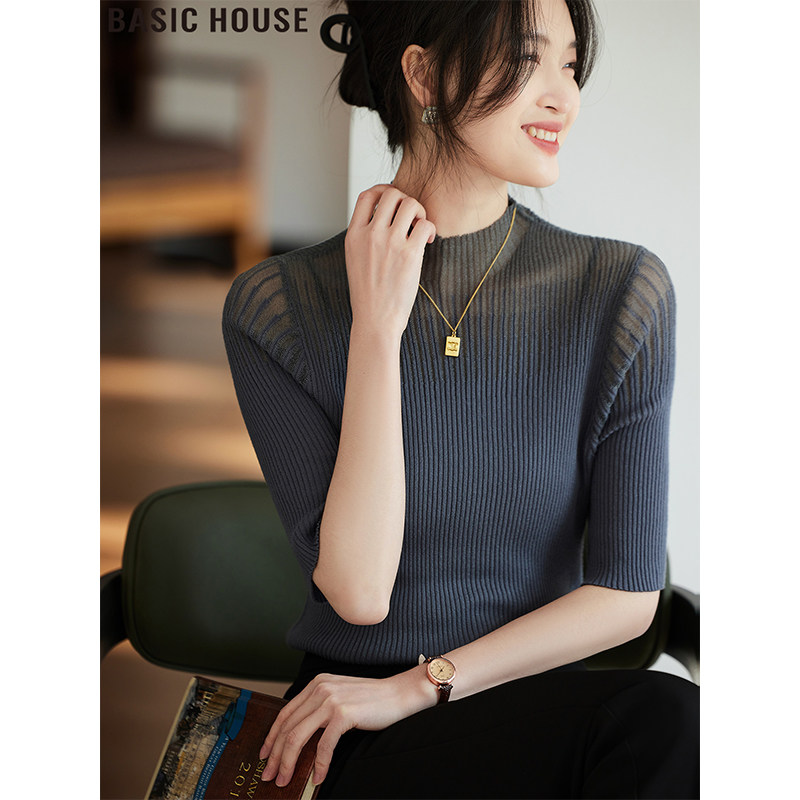 Женская трикотажная рубашка Basic House/Baijia Good French style с полувысоким воротником и пятиточечным рукавом из сетчатой ткани, женская летняя