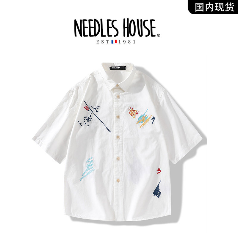 Мужская летняя тонкая модная рубашка высокого класса с вышивкой Needles House из хлопка с пятиконечными лацканами и короткими рукавами