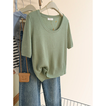 Green Ice Silk Knitted Short sleeved T-shirt for Women's Summer Design