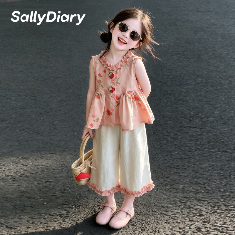 SallyDiary/ летний костюм для девочек; коллекция 2026 года; новинка лета; детский топ без рукавов в западном стиле клубничного цвета; повседневные штаны