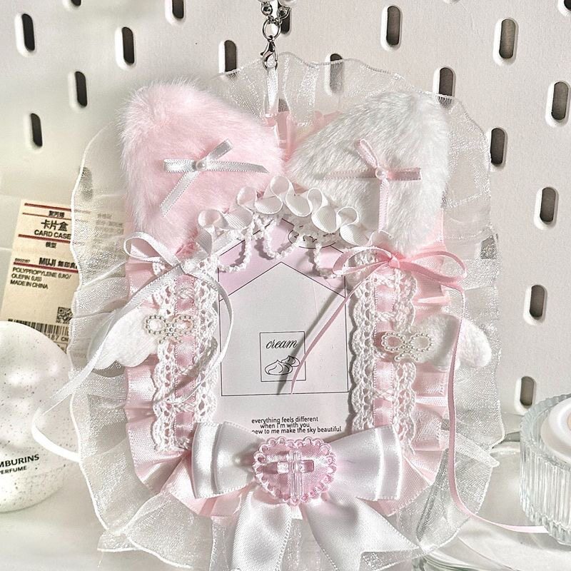DIY handmade anime-style card holder for instant cameras, featuring 3-inch photocards with lace trim.