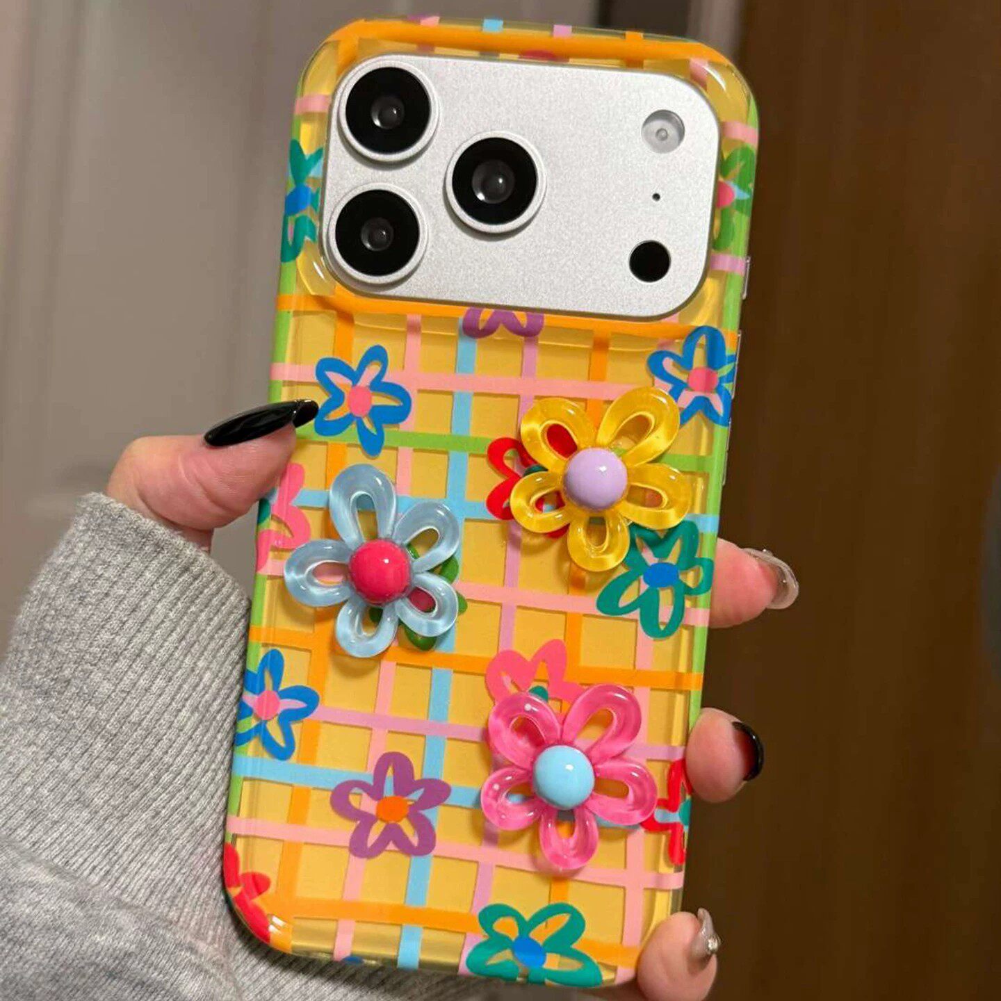 Ins Macaron 3D Resin Flower iPhone 17 Pro Phone Case, 16pm Color Blocking Stripes Checkered Pattern Spring/Summer Bright Color Niche Sweet Girl 13/15 Pro Max Glossy Transparent Phone Case