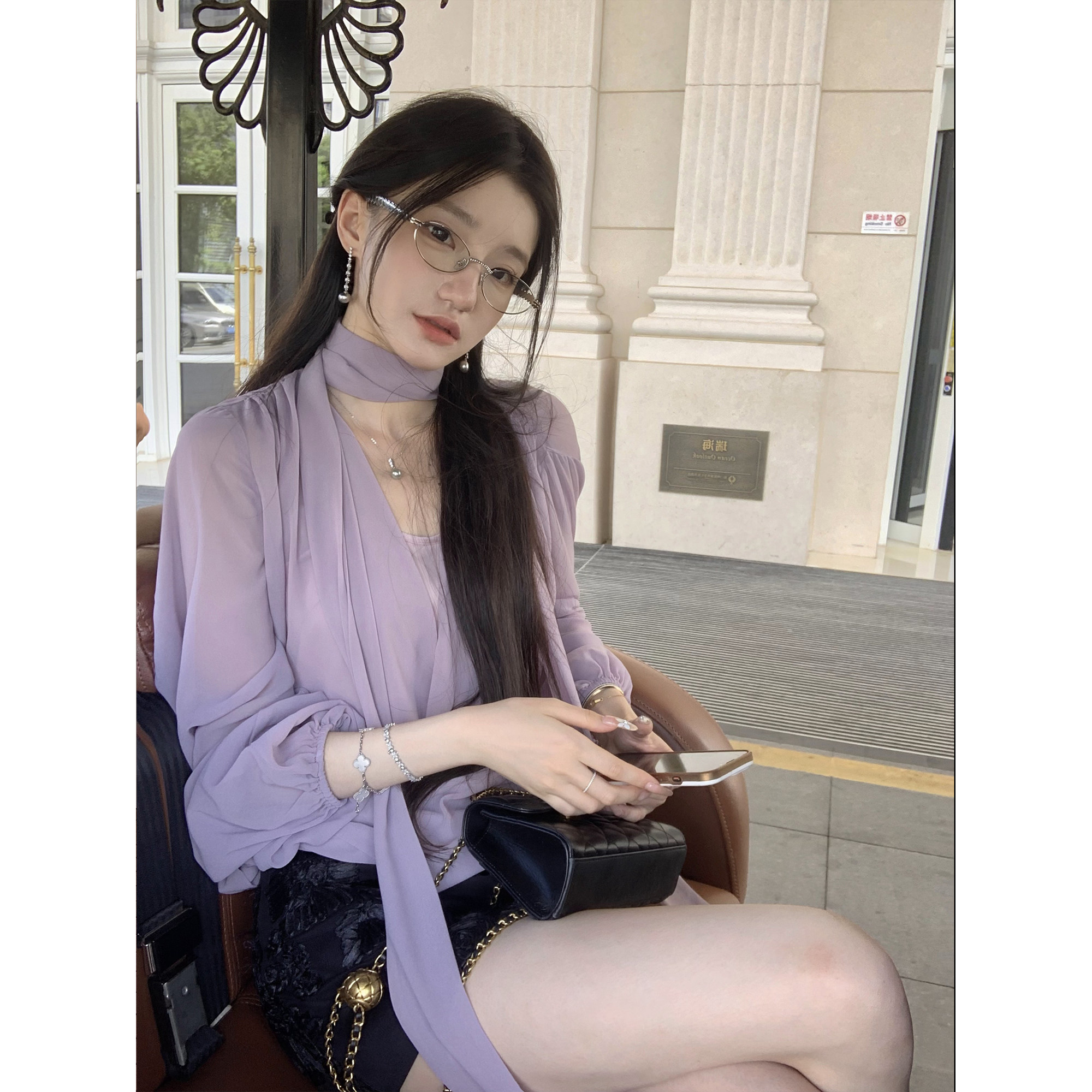 YIYIWANG Grape Sparkling Water Purple Ribbon Shirt, Brightening Top, Black 3D Floral Mini Skirt