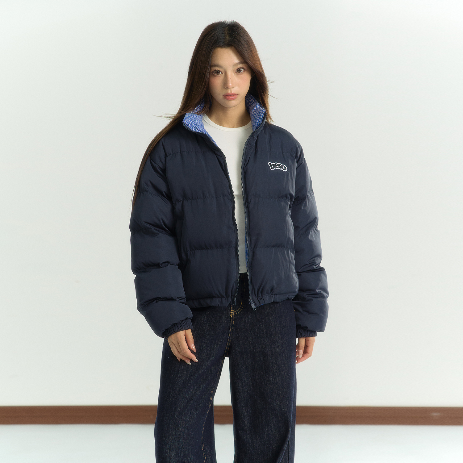 Короткая пуховая куртка BESOBER в темно-синюю клетку с хлопковой подкладкой с обеих сторон, женская зимняя куртка на хлопковой подкладке, утепленная куртка с воротником-стойкой