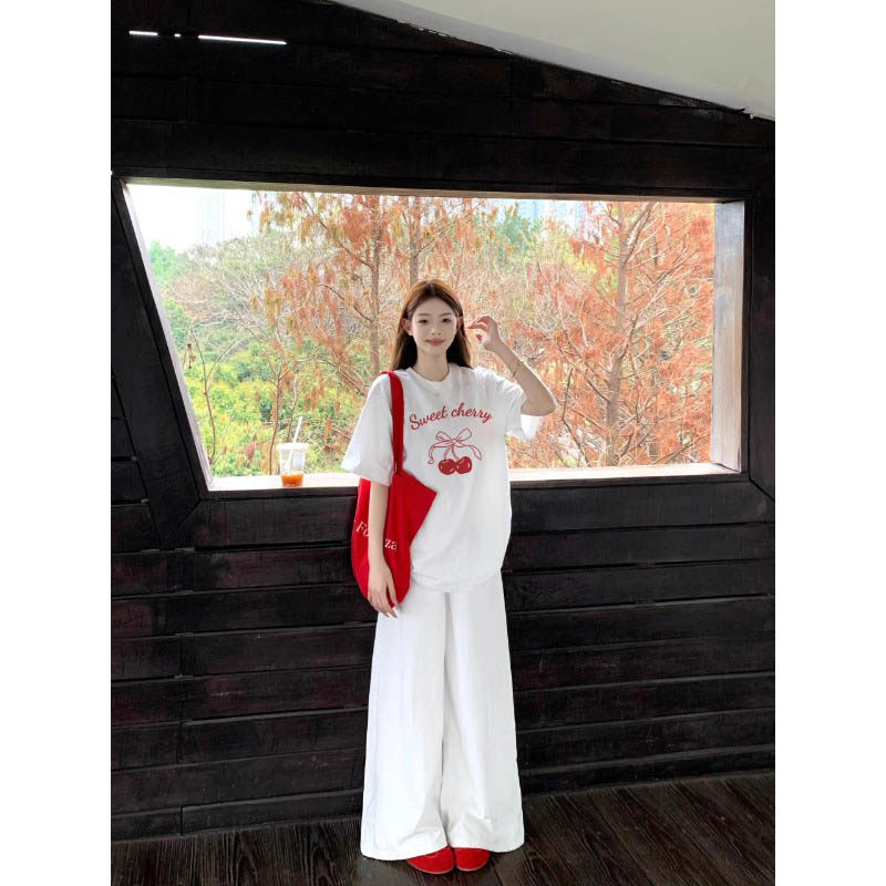 White pure cotton short-sleeved T-shirt for women 2025 new summer cherry bow printed age-reducing large-size shoulder top