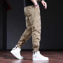 Khaki French workwear pants, men's trend versatile leggings, spring and autumn light colored drawstring casual pants with small feet