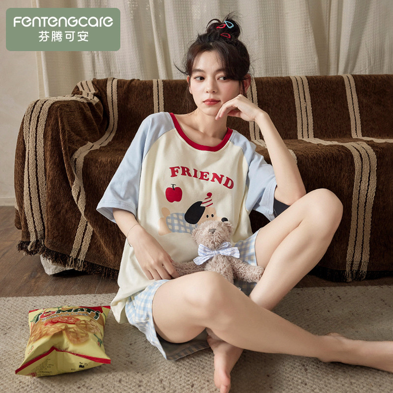 Пижама Fenteng Kean, женские летние хлопчатобумажные шорты с короткими рукавами и нагрудными накладками, тонкий домашний костюм с милым рисунком из мультфильма