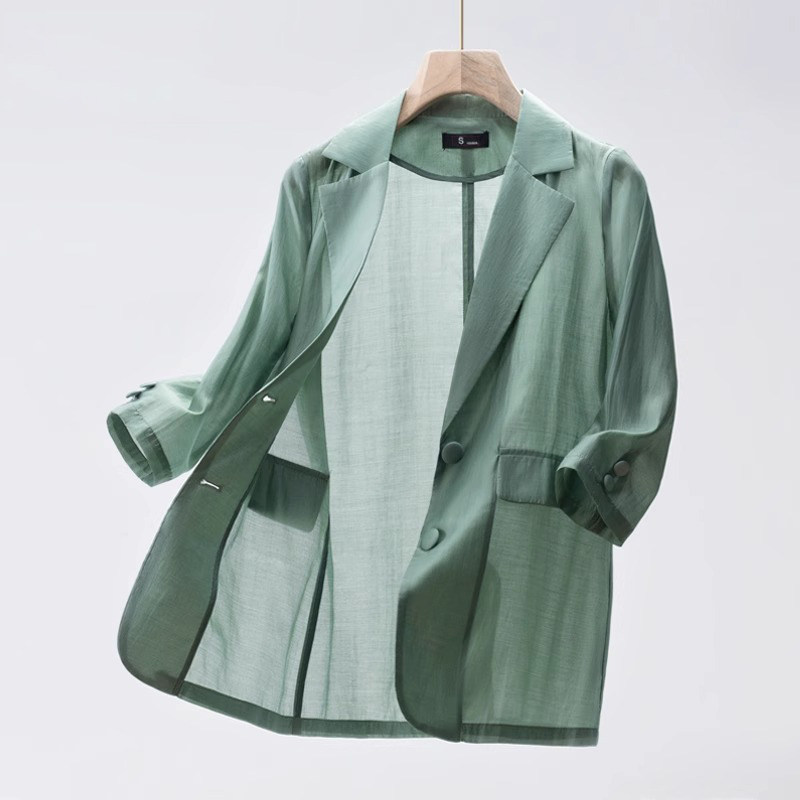Женский летний тонкий костюмный жакет высокого качества Tencel green small с юбкой на подтяжках и костюмным топом с рукавами три четверти