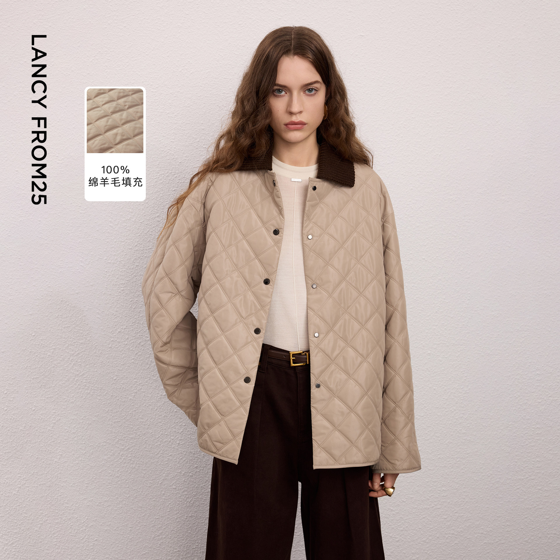 Langzi, 25% шерсть, ретро контрастный цвет, короткая тонкая хлопковая повседневная куртка с лацканами, новинка зимы 2026, женская
