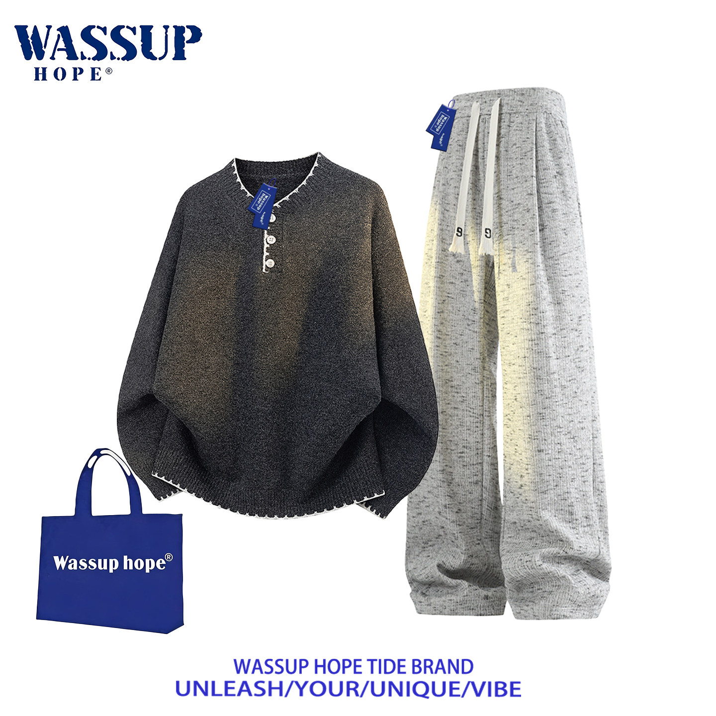 Повседневный простой костюм-двойка WASSUP HOPE, мужской весенне-осенний свитер свободного кроя с высоким воротом, широкие прямые брюки