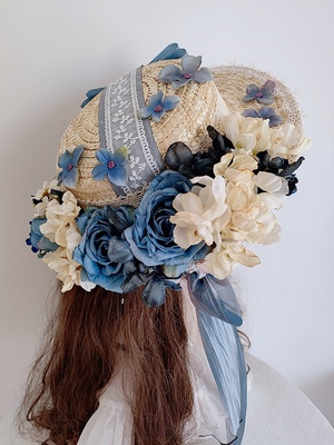 taobao agent 原创手作lolita生成雾蓝玫瑰草帽花嫁茶会扁帽汉洋折衷法式写真