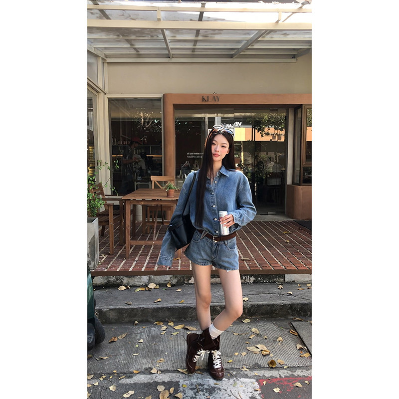 Popular women's denim shirt set for autumn, featuring a trendy French style, sophisticated and youthful look.