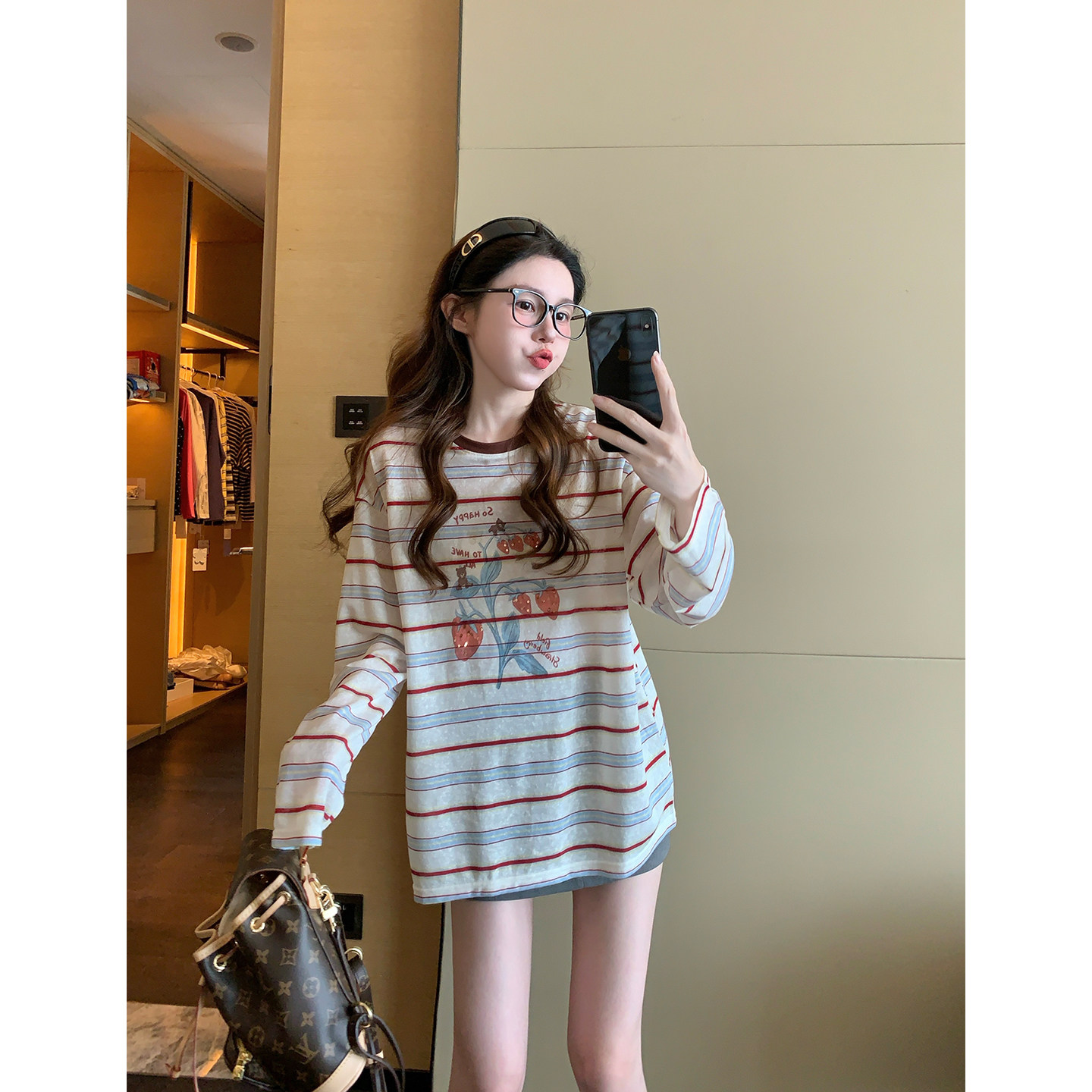 Sequined Strawberry Striped Long-Sleeve T-Shirt for Women, 2026 New Early Autumn Style...