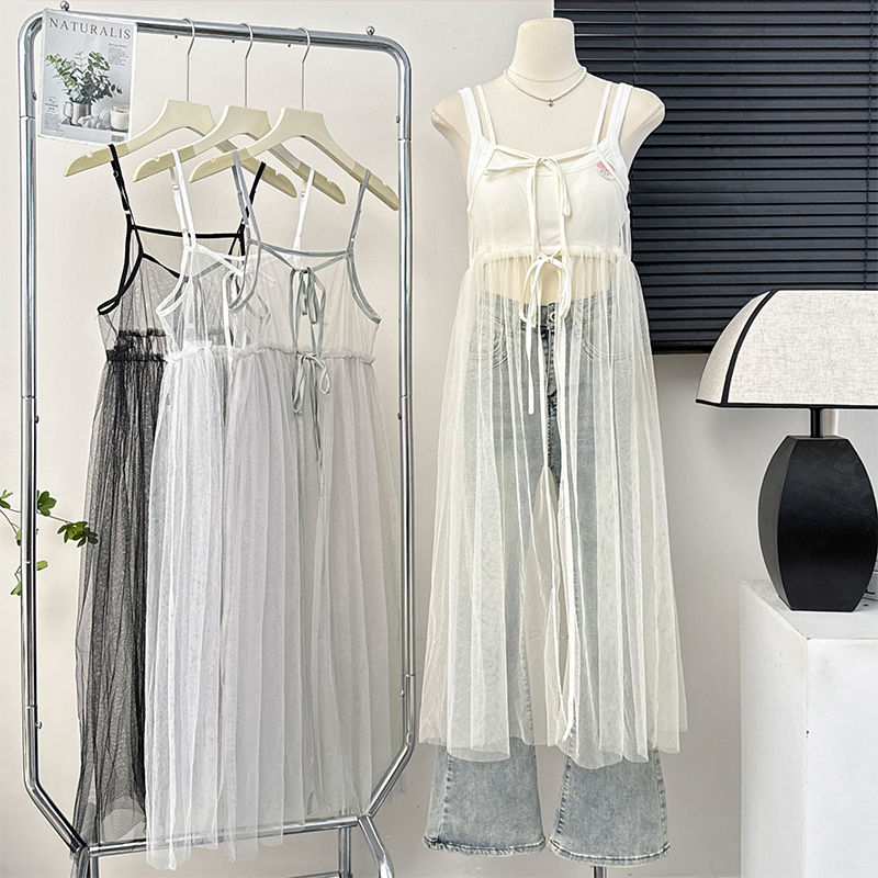 Bow tied hollow mesh suspender dress for women in summer seaside vacation style with layered slit blouse skirt