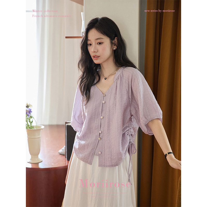 Moriirose Purple Tencel Shirt for Women, Summer Style, French V-neck, Drawstring Raglan Shoulder, Three-Quarter Sleeves, Elegant Top