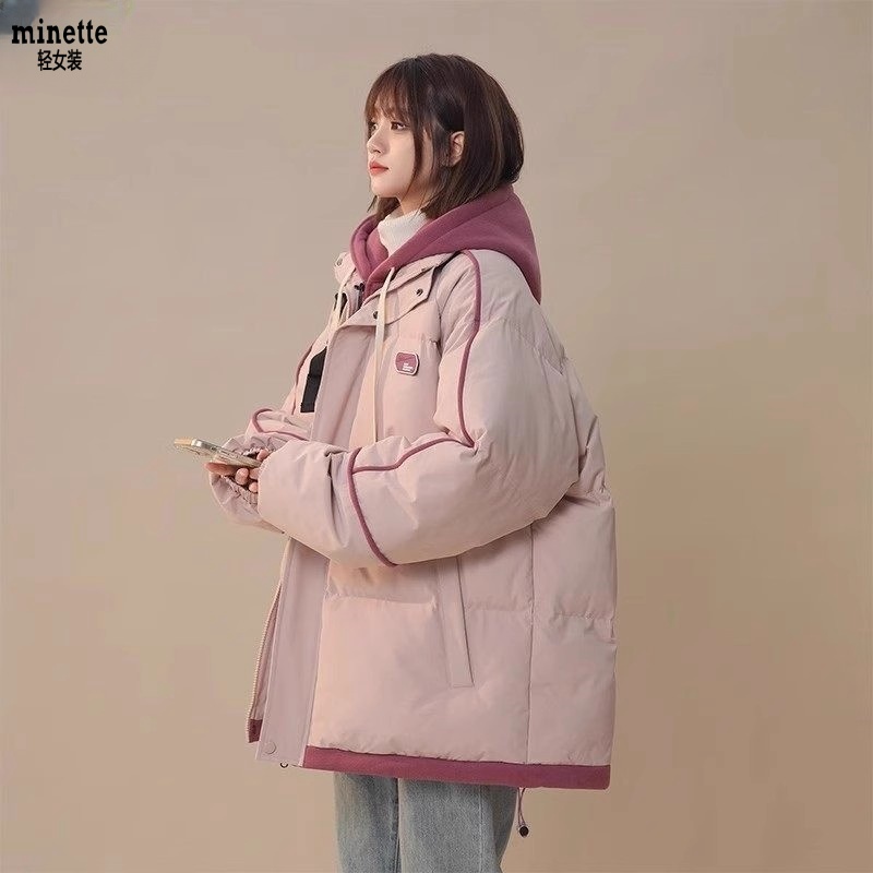 Хлопчатобумажная куртка со скидкой Ole mall с капюшоном, женская свободная теплая хлопчатобумажная куртка большого размера в стиле колледжа, повседневная хлопчатобумажная куртка из двух частей