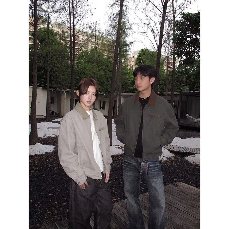 EME Retro Washed Jacket, Men's and Women's Spring/Autumn American Detroit Cotton Jacket, Boxy Short Wide Collar Top