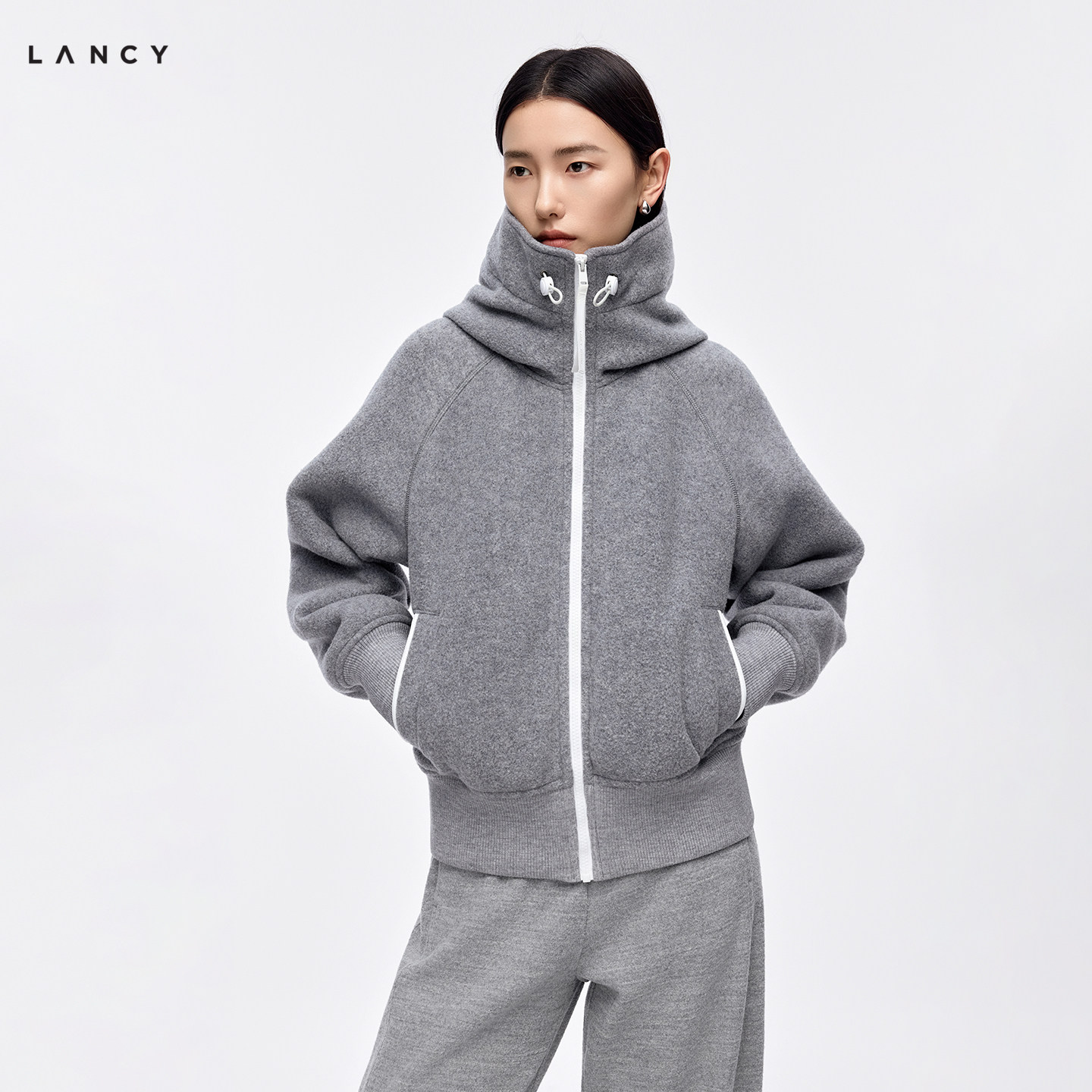 [Наполнитель из чистой шерсти] LANCY/Langzi 26, новинка зимы, серый полушерстяной костюм с капюшоном, повседневный тонкий хлопчатобумажный костюм для женщин