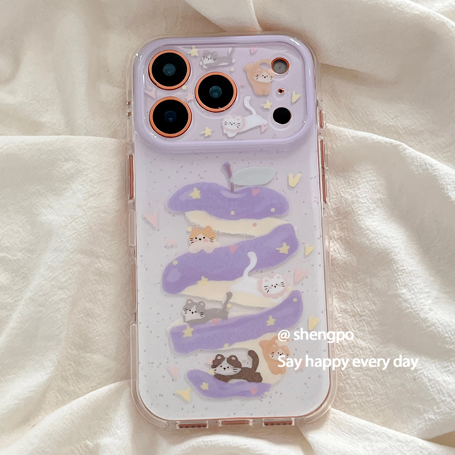 有趣的猫咪削皮苹果紫色适用iPhone17promax手机壳卡通17苹果16promax带手链15pro女15新款16防摔套18Pro全包