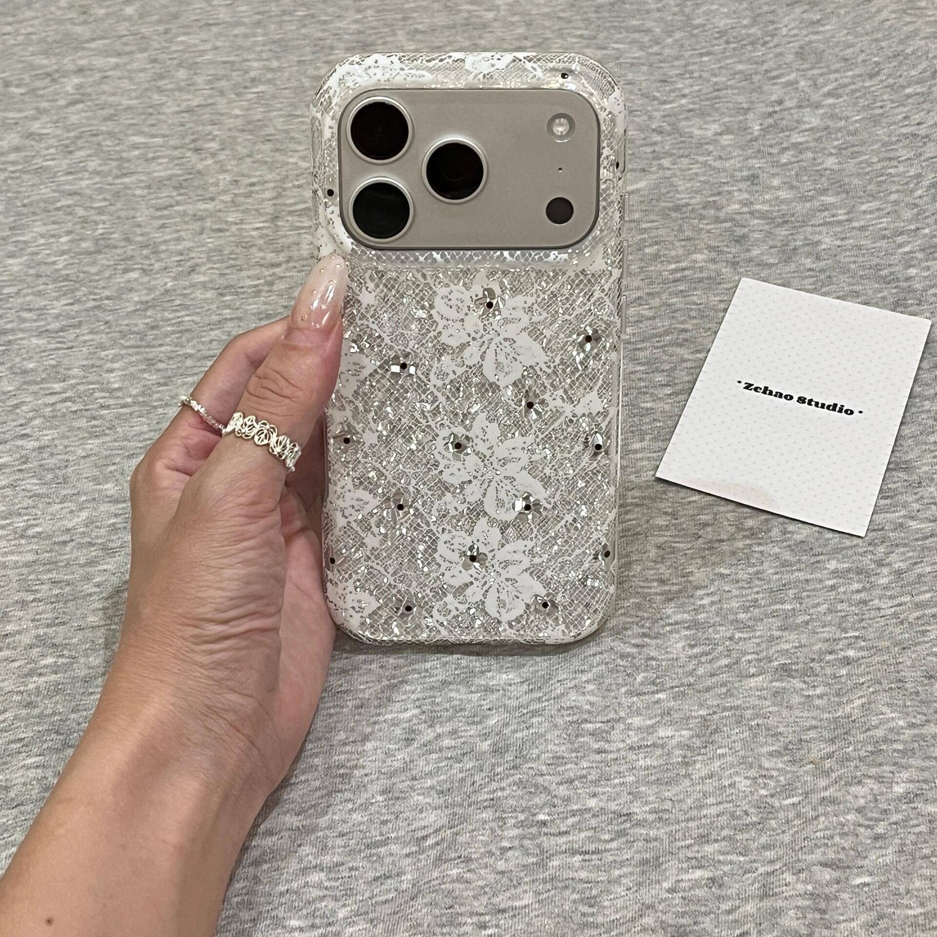 Premium glitter lace flower case for Apple iPhone 17 Pro Max and iPhone 18 Pro, new 16/15 model, super beautiful, unique, full coverage, drop protection, and extremely popular.