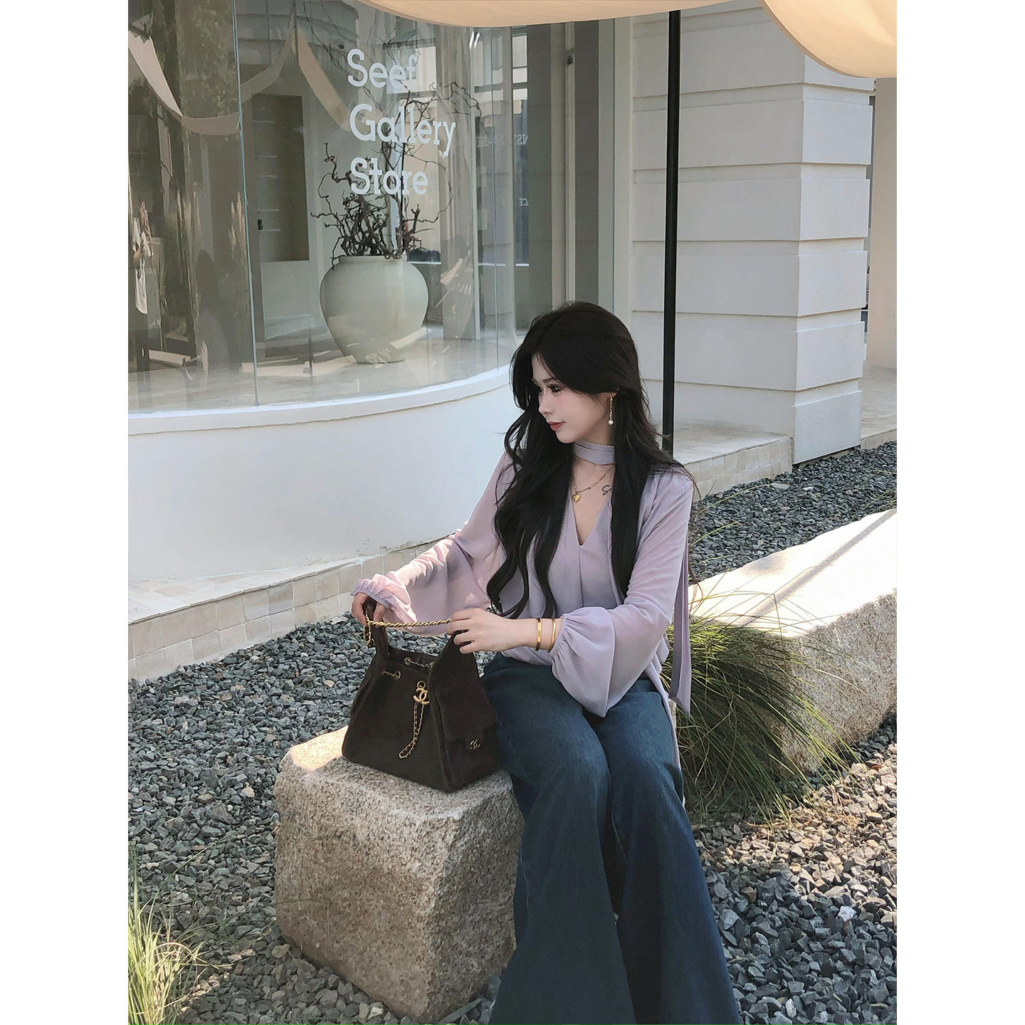 Li Xiaosai Purple V-neck Ribbon Top for Women, Autumn, Plus Size, Elegant, Slimming, Loose Long-sleeved Shirt