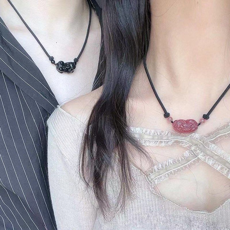 Кулон Pixiu из натурального розового хрусталя, мужское и женское обсидиановое ожерелье, плетеная веревка, цепочка на ключицу, подарок для пары, памятная пара