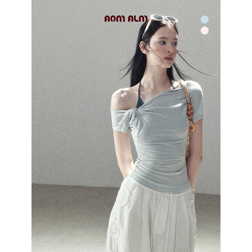 AOMALM "Asymmetrical Dream" Faux Two-Piece Short-Sleeved Halter Neck Off-Shoulder T-Shirt for Women, Summer Commuter Top