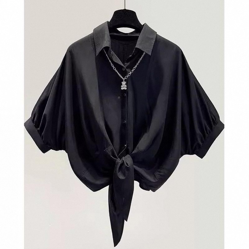Women's white short-sleeved shirt, summer thin style, black chiffon blouse, high-end style, niche batwing sleeve short top.